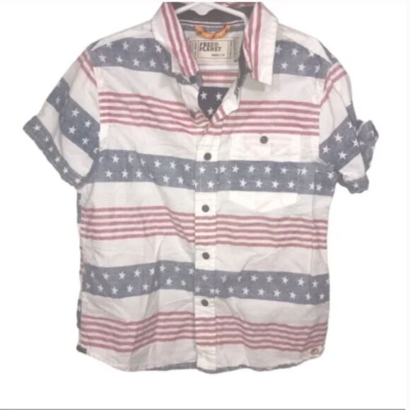 Kid's Free Planet Red White & Blue Short Sleeve Button Down Shirt - Picture 1 of 6